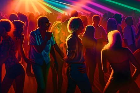 Group of people dancing at night club. Colorful lights on the background.の素材