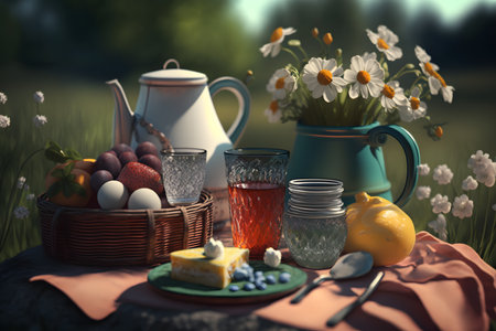 Easter still life with eggs in a basket, milk jug, camomiles, lemon, cup of tea and crockeryの素材