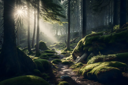 Mysterious dark forest with fog and sunbeams. Fantasy landscapeの素材