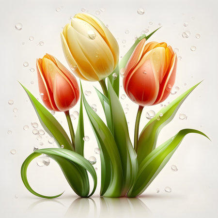 Bouquet of tulips on a white background with water dropsの素材