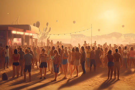Large group of people walking on the beach at sunset. vacation conceptの素材