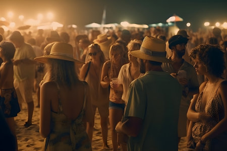Group of people at a music festival on the beach at night.の素材