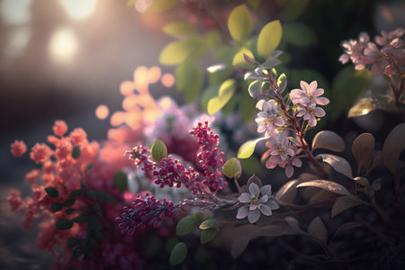 Colorful spring flowers in the garden, vintage style, soft focusの素材