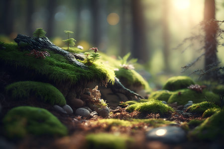 Fantasy forest with moss and stones. 3d render illustration.の素材