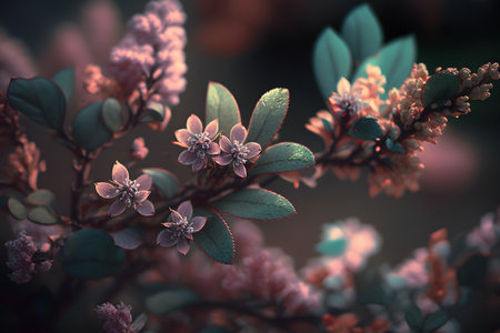 Beautiful pink flowers with green leaves in the garden. vintage styles.の素材
