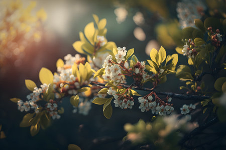 Branch of blossoming tree with white flowers and green leaves in springの素材