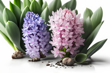 Beautiful hyacinth flowers and soil on white background, closeupの素材