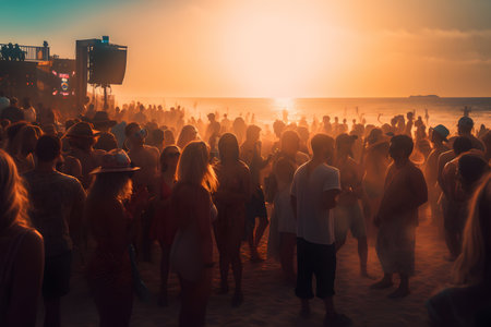 Crowd of people on the beach at sunset. Holidays and holidays concept.の素材