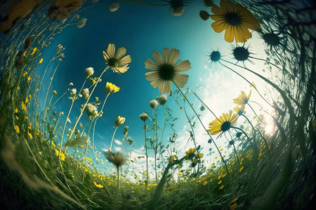 Beautiful flowers in the field under the blue sky. 3d renderの素材