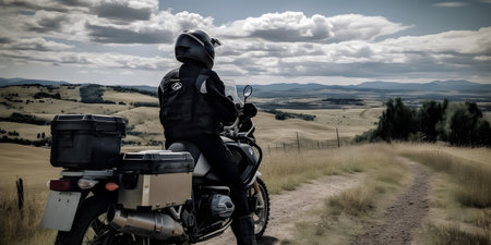 Motorcycle rider on the road in Tuscany, Italy.の素材