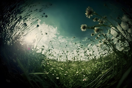 summer meadow with daisies and the sun in the skyの素材