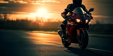 Motorcyclist riding a sport bike on the road at sunset.の素材