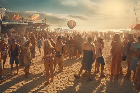 View of unknowns Israeli people having fun on the beach of Tel Aviv in the afternoonの素材