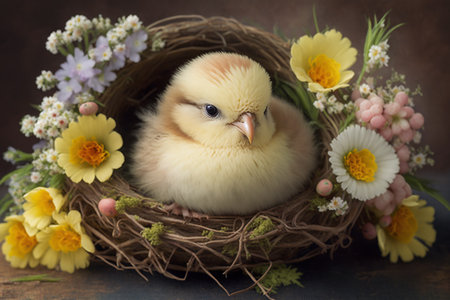 chick in nest with flowers on rustic background, easter decorationの素材