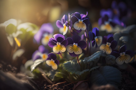Viola flowers in the garden with sunlight. Beautiful spring flowers.の素材