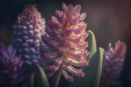 Pink and purple hyacinths in the garden, retro tonedの素材