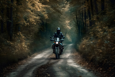 Biker riding a chopper motorcycle through the autumn forest on a dirt roadの素材