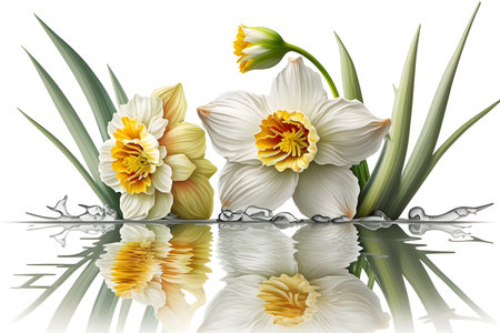 White daffodils and narcissus flowers isolated on white backgroundの素材