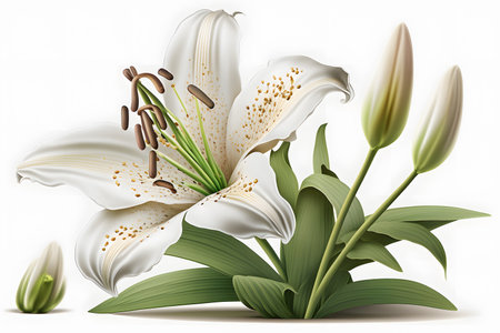 White lily with green leaves on a white background. Vector illustration.の素材