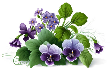 Beautiful violet flowers with green leaves isolated on white background. Vector illustration.の素材