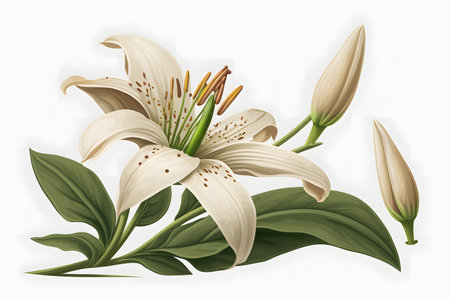 White lily flowers with leaves isolated on white background. Vector illustration.の素材
