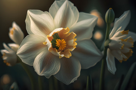 White daffodils blooming in the garden in springtimeの素材