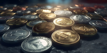 Cryptocurrency concept. Gold coins on dark background. 3d illustrationの素材