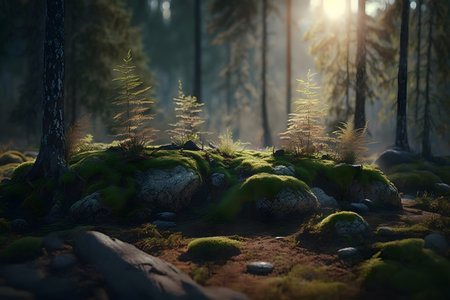 Foggy forest in the morning. 3d render illustration.の素材