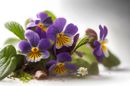 Viola tricolor flowers on a white background with copy spaceの素材