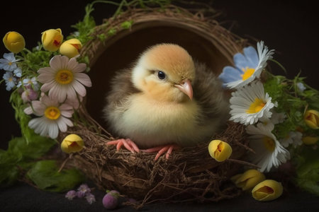 chick in nest with flowers on black background, easter decorationの素材