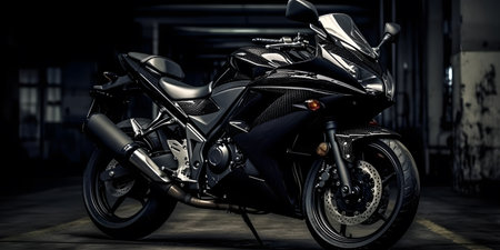 3d rendering of a modern motorcycle in the garage at night.の素材
