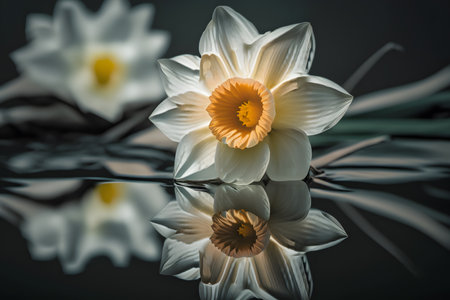 Narcissus flowers reflected in water. Shallow depth of fieldの素材