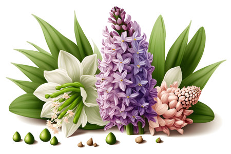 Purple hyacinth with green leaves and flowers vector illustration.の素材