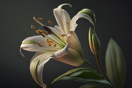 Beautiful white lily flower on dark background, close-upの素材