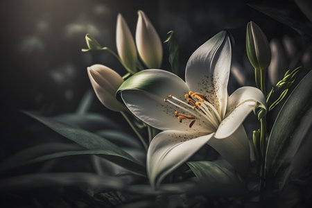 Beautiful white lily flower on nature background in vintage color toneの素材