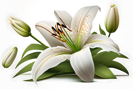 White lily with green leaves isolated on white background. Vector illustration.の素材