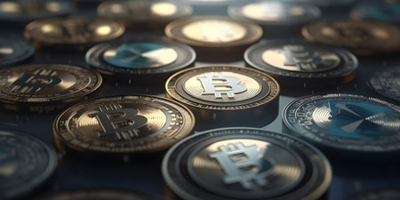 Bitcoin coins close up. Cryptocurrency concept. 3D illustrationの素材