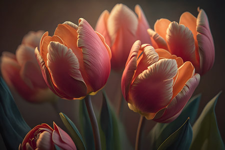 Bouquet of pink and orange tulips on a dark backgroundの素材