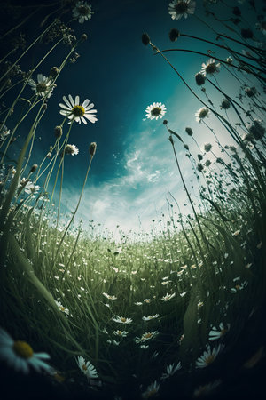 field of daisies under blue sky with clouds, retro tonedの素材