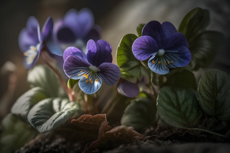 Violets blooming in the garden on a dark background.の素材