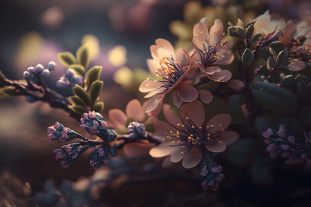 Beautiful background with spring flowers. Retro style toned image.の素材