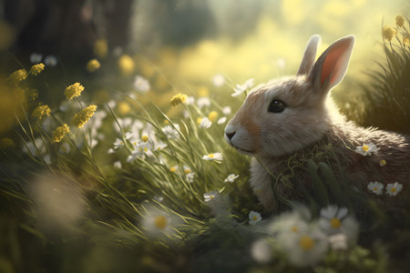 Rabbit in the grass with daisies and dandelionsの素材