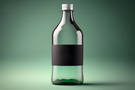 Glass bottle with black label on a green background. 3d renderingの素材