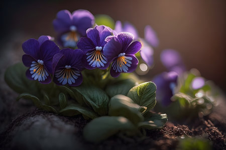 Beautiful purple pansy flowers growing in the soil. selective focus.の素材
