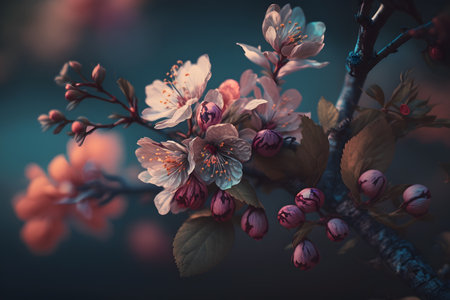 cherry blossom on dark blue background, vintage toned pictureの素材