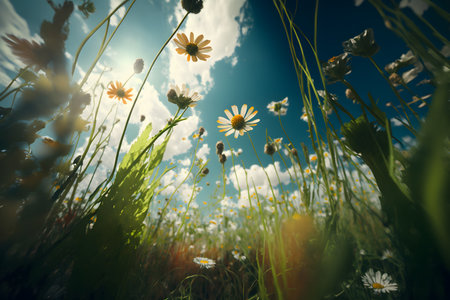 Summer meadow with daisies and blue sky with white cloudsの素材