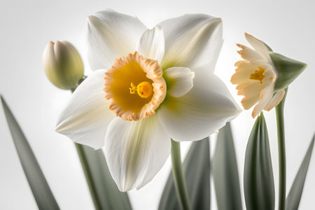 White daffodils on a white background, close-upの素材