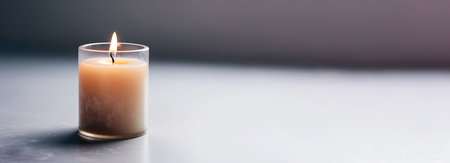Burning candle on a gray background. Place for your text.の素材