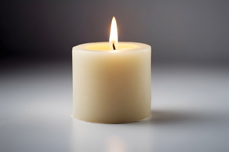 A single candle lit in front of a plain background with copy spaceの素材