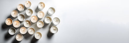 Many white candles on a white background. Banner with copy space.の素材